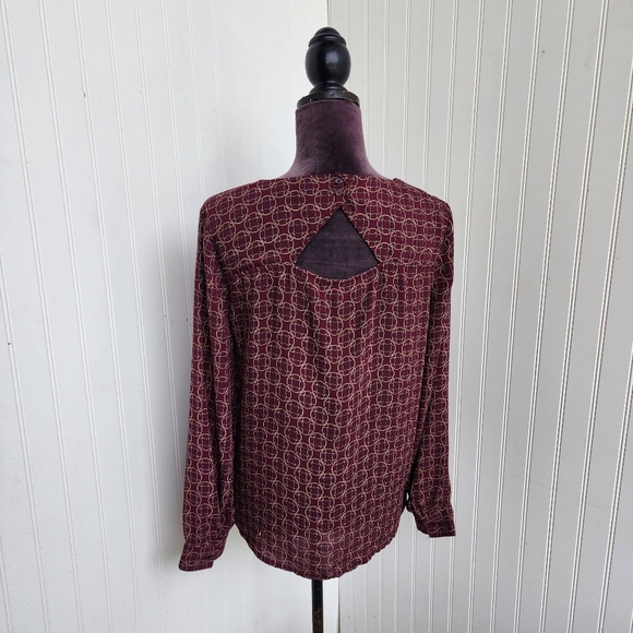 Loft Ann Taylor Burgundy Long Sleeve Red Patterned Keyhole Long Sleeve Blouse S - Picture 5 of 12